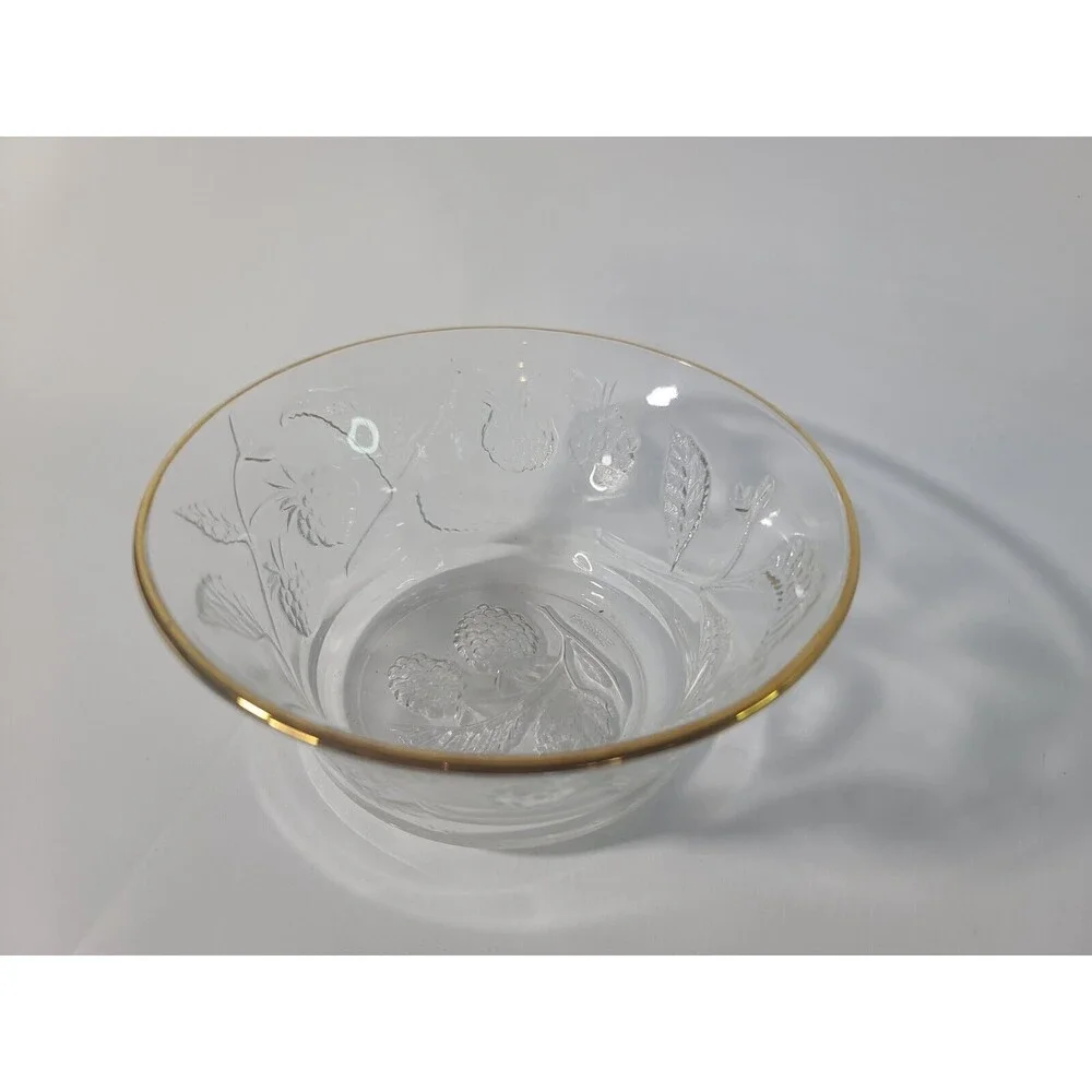 Gold Rimmed Crystal Bowl Marked FRANCE  Berries, vines, and Leaves  2  1/4” X 5”